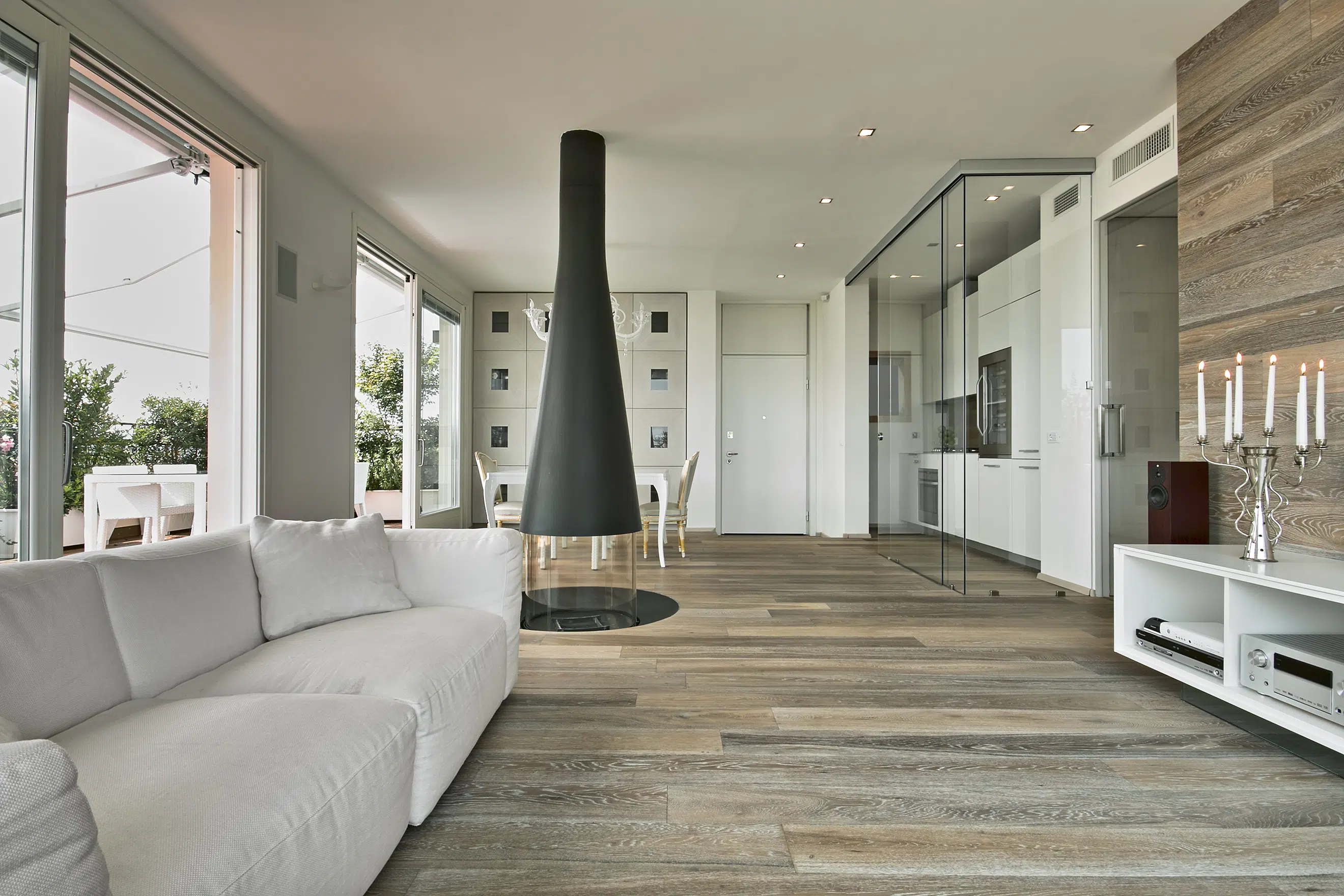 smoked wood flooring in modern apartment